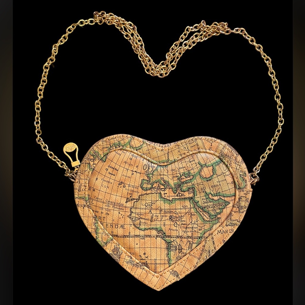 Heart shaped map print purse with gold crossbody chain VGUC Anthropologie